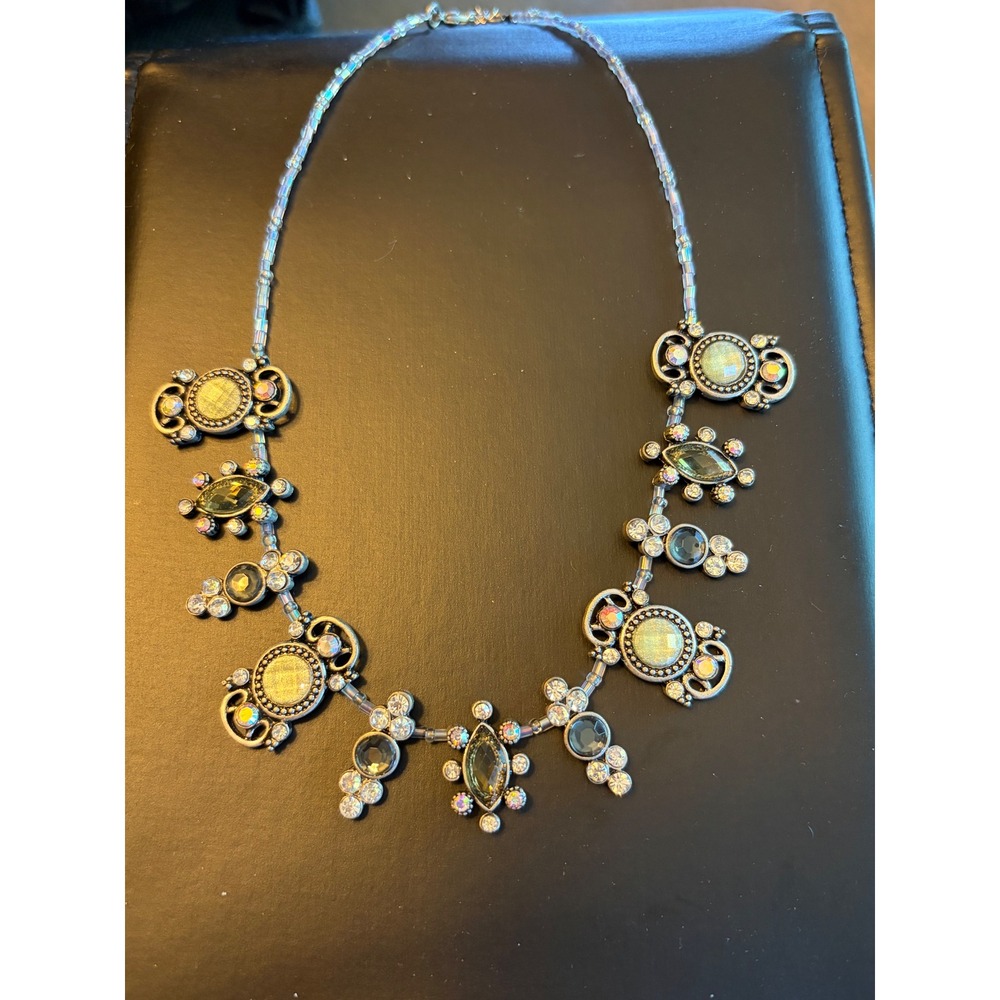 Vintage Style Antiqued Silver‎ Tone Iridescent Rhinestone Statement Necklace